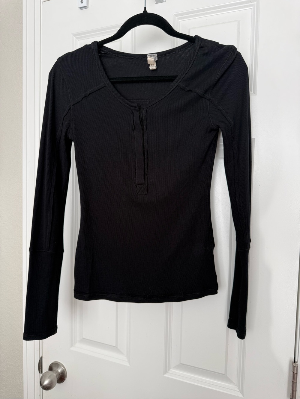 Free People We The Free Black Ribbed Snap Front Long Sleeve Henley Top P/S